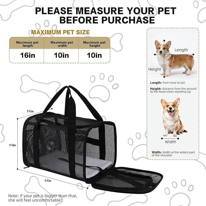 Dog Carrier Pet Carrier for Small Medium Cats Dogs Puppies up to 16 Lbs, TSA Airline Approved, Soft Sided, Collapsible Cat Bag Carrrier (Black, 17 * 11 * 11)
