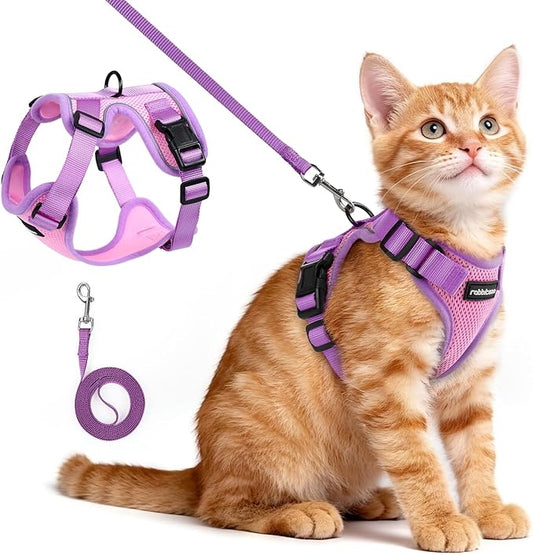 rabbitgoo Cat Harness and Leash Set, Escape Proof Soft Adjustable Vest Harnesses for Outdoor Walking, Easy Control Breathable Kitten Jacket with Reflective Strips, Pink & Purple, XS