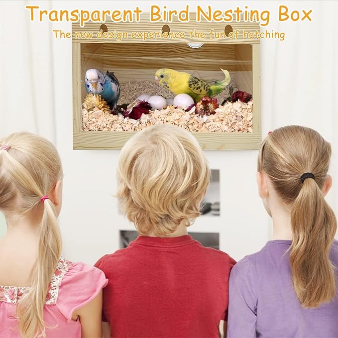 PINVNBY Large Natural Wood Parakeet Nesting Box Budgie Breeding Box Acrylic Bird Nest for Cage Transparent Panoramic for Birds, Parrots, Cockatiels, Lovebirds, Canaries (XL: 13.3 x 7.8 x 7.08 inch)
