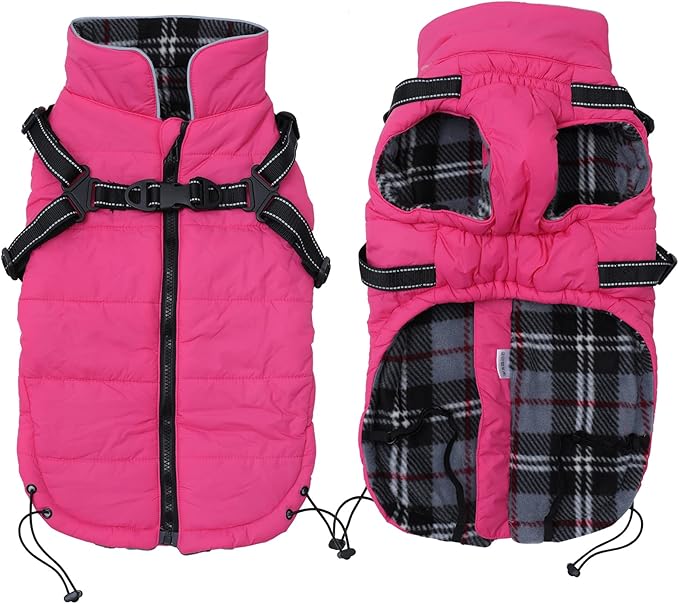 Geyecete Winter Warm Coat Waterproof Dog Winter Jacket with Harness Traction Belt,Pet Outdoor Jacket Dog Autumn and Winter Clothes for Medium, Small Dog-Pink-XS