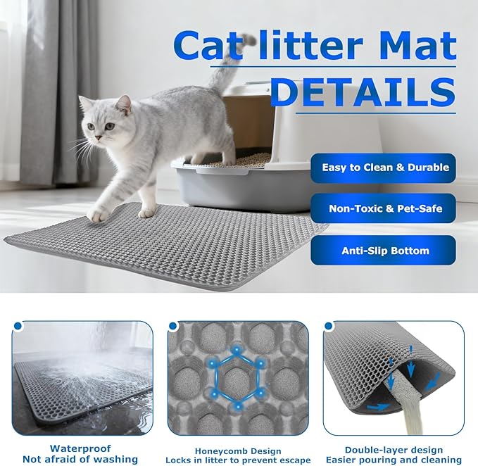 Cat Litter Box Mat Double Layer Trapping Mat Easy-Clean Waterproof Urine Proof(Gray 35x24in)