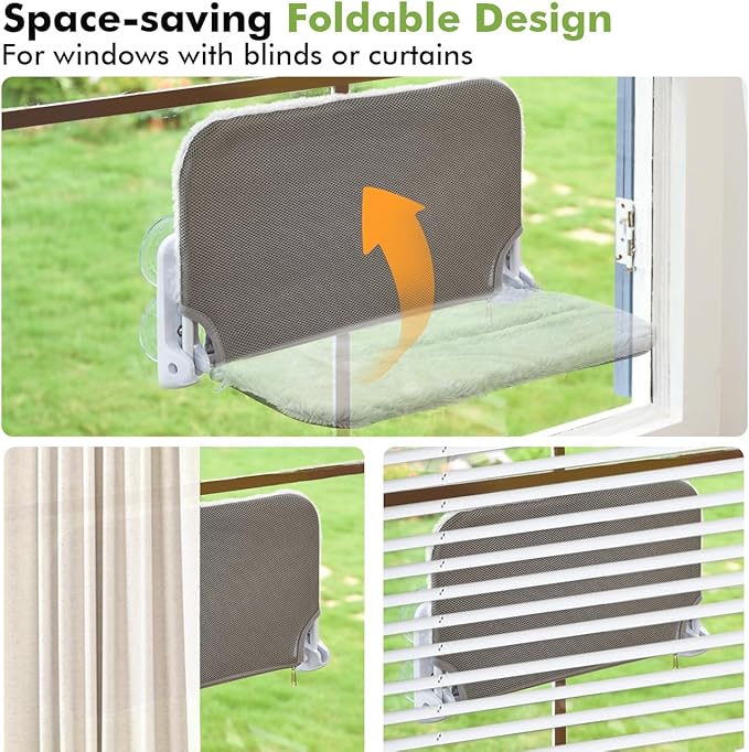 Zoratoo 2PC Cat Window Perch Cordless Foldable Cat Hammock Bed for Window with Metal Frame and Reversible Cover, Large Suction Cups Window Resting Seat for Indoor Cats (Cat Bed, M-2PC)