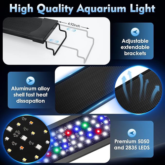 AQQA LED Aquarium Light 48W for 32-40 Inch Fish Tank, 24/7 Mode&DIY Mode Full Spectrum Fish Tank Light, IP68 Waterproof High Lumen Aquarium Plant Light, Adjustable Brightness/Timer, Memory Function