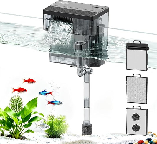 6W Aquarium Filter, 145 GPH Hang-On Waterfall Filter with Skimmer | Designed for low-noise filtration in 7-14 gal tanks, with adjustable flow, surface skimming, and reusable sponge media