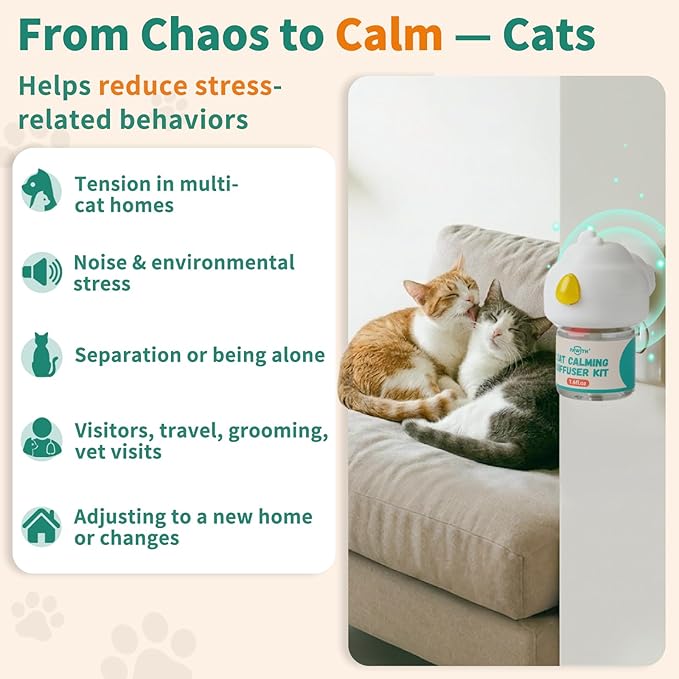 Cat Calming Diffuser with Pheromones – Cat Pheromone Diffuser for Cats, Helps Reduce Stress, Anxiety, Scratching & Urine Marking, Calming Diffuser for Cats with 2 Refills