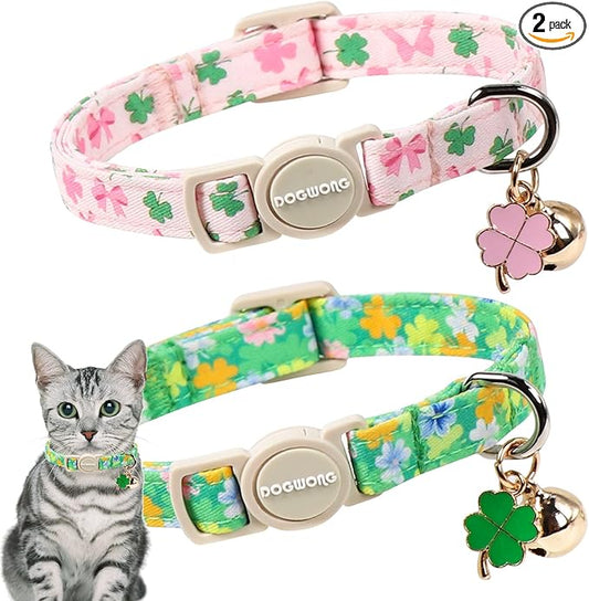 DOGWONG 2 Pack St Patricks Day Cat Collar Breakaway,Safety Adjustable Green Shamrock Cat Collars with Bell for Kitten