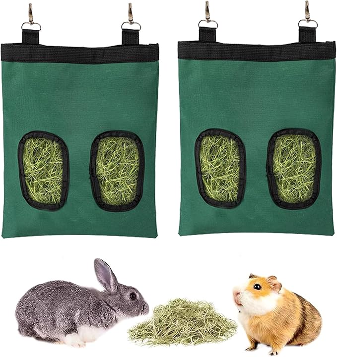 Rabbit Hay Feeder Bag, Large Capacity Rabbit Hay Bag Small Animal Hanging Hay Bag 600D Oxford Cloth Bunny Hay Feeder Bag for Rabbits Guinea Pigs Chinchillas (DarkGreen-2 Holes-2Pcs)
