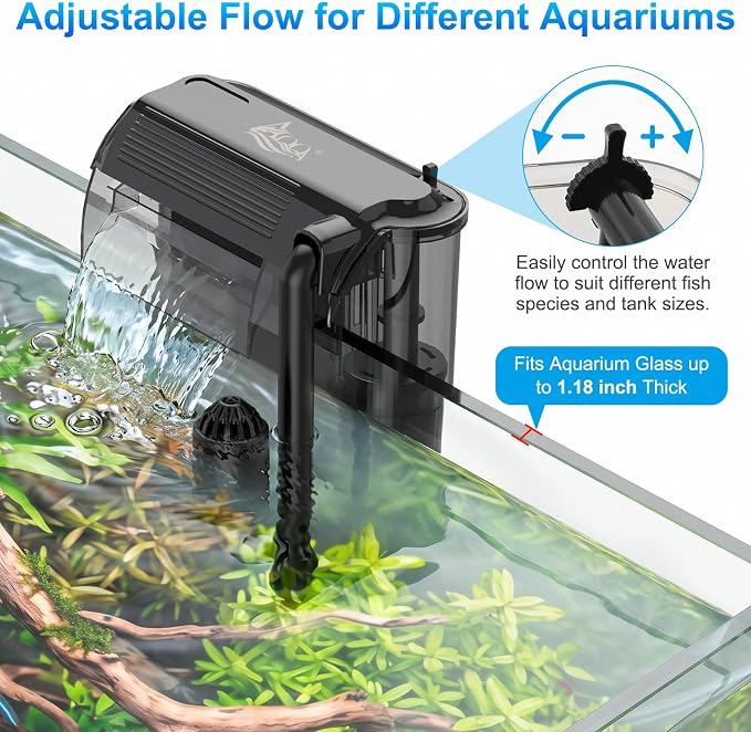 AQQA Aquarium Hang on Back Filter Whisper Fish Tank HOB Filter | Adjustable Flow, Multi-Stage Filtration with Surface Skimmer & Sponge Guard for Small Fish Tanks 10-30 Gallon (5W, 106GPH)