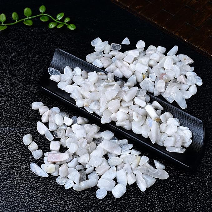 Erliway 100g Natural White Moonstone Crystal Chips 7-9mm Tumbled Stones | Small Crushed Crystal Stone, Polished Crystals Chips for Fish Tank, Healing Tumbled Rocks for Reiki Jewelry Making Home Décor