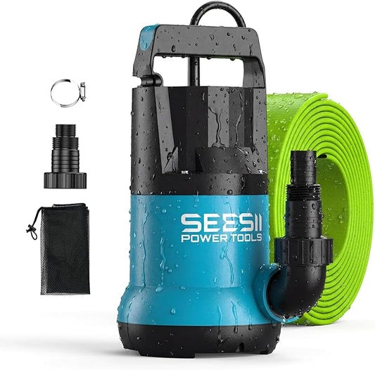 SEESII 1HP Submersible Water Pump, 4755GPH High Flow Sump Pump with 23ft Hose Kit, Anti-Clogging Filter Net for Swimming Pool Hot Tub Pond Basement Rooftop Garden Water Removal