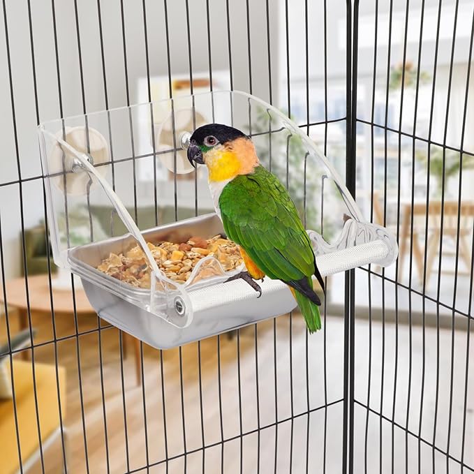 Hypeety Transparent Bird Feeder No Mess Parakeet Feeder for Cage Clear Bird Cage Feeders with Anti-Slip Perch Stainless Steel Food Bowl for Parakeets Parrots Budgies Lovebirds Cockatiels Conures