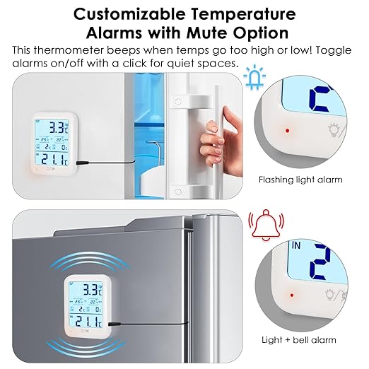 Digital Freezer Thermometer Fridge Temperature with Alarm, Backlight, Magnet, Power On/Off, Max/Min Temperature for Home, Restaurants, RV, External Sensor, AAA Battery (1)