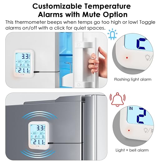 2Packs Digital Freezer Thermometer Fridge Temperature with Alarm, Backlight, Magnet, Power On/Off, Max/Min Temperature for Home, Restaurants, RV, External Sensor, AAA Battery (2)