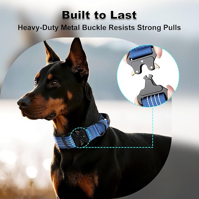 Plutus Pet Tactical Dog Collar with Tracker Pocket for AirTag, Adjustable Reflective Nylon Collar, Metal Buckle, Leather-Wrapped Handle, Soft Padded for Medium Large Dogs (Blue, S)