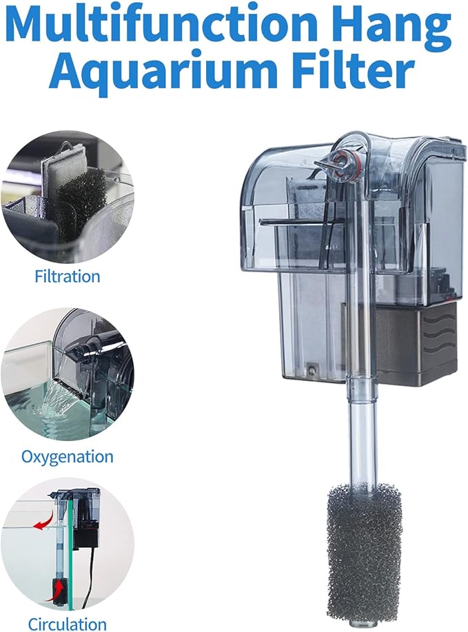Boxtech Aquarium Hang On Filter - Power Waterfall Suspension Oxygen Pump - Submersible Hanging Activated Carbon Biochemical Wall Mounted Fish Tank Filtration Water (5-10 Gal)
