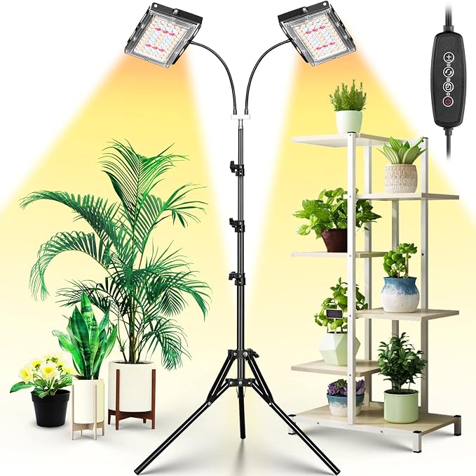LBW Grow Light for Indoor Plants, Dual-Head Full Spectrum LED Plant Light | 3/6/12H Auto On/Off Timer, 6 Dimmable Levels, 3 Switch Modes, 15-63 inches Adjustable Tripod Stand, Ideal for Tall Plants