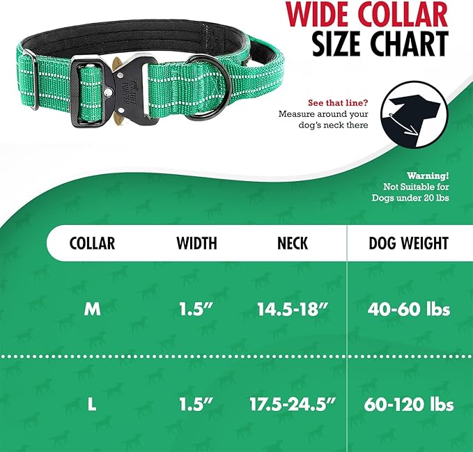 Tuff Pupper Tactical Dog Collar | Heavy Duty 1.5" Wide Ballistic Nylon | Training Control Handle | Quick-Release Metal Buckle | Reflective Bands | ID Tag Holder | Padded Inner Lining (Green, Large)