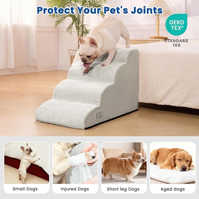 Airpanda Dog Steps for Bed, 4 Step Pet Stairs for Small and Medium Dogs, Non-Slip Dog Ramp with Washable Cover, High-Density Support Foam for Easy Climbing,Light Grey