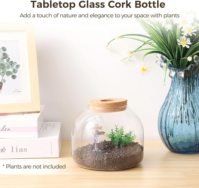 54 oz Glass Fish Bowl Vase with Cork Lid, Clear Bubble Planter Vase Globe Flower Centerpiece, 3 Inch Open Mouth Round Terrarium Vase, 6 Inch Diameter x 5 Inch Height