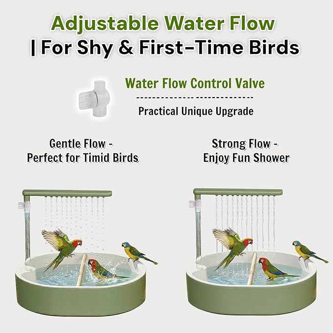 Bird Shower Parakeet Bath for Cage with Adjustable Water Flow Control Valve, Parrot Shower Bath for Budgies with Plug, Automatic Circulating Water Fountain for Pet Bird, Cockatiel, Conure(green pipe)