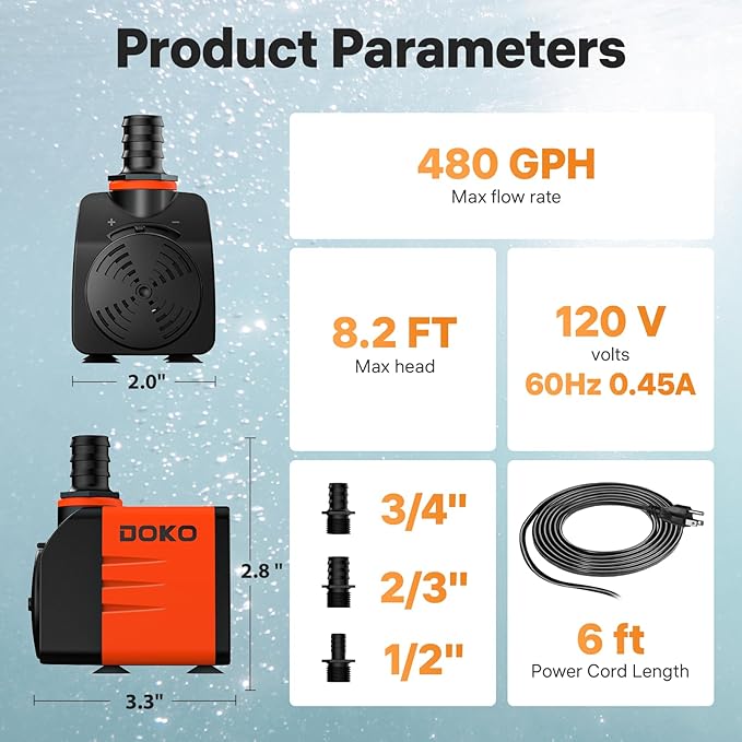 DOKO 480GPH Submersible Water Pump, Fountain Water Pump with 6FT Power Cord and 3 Nozzles, 35W, Ultra Quiet Pond Pumps for Pond Aquarium Fountain Waterfall Fish Tank Hydroponic Statuary