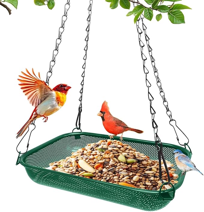 Hanging Bird Feeder for Outdoors – 12 x 8 in Rectangular Platform Bird Feeder, Metal Mesh Seed Tray for Wild Birds, Green