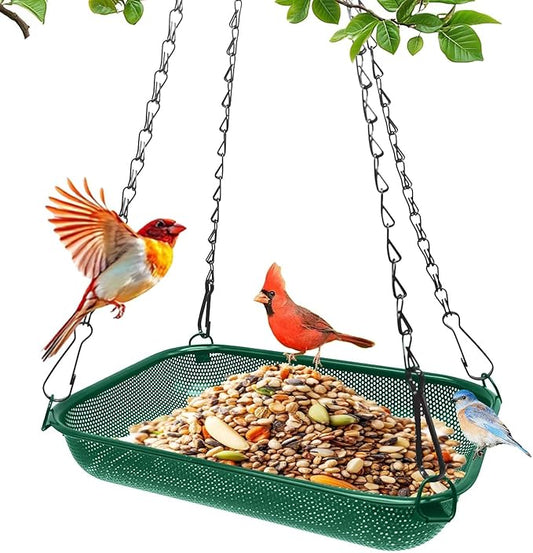 Hanging Bird Feeder for Outdoors – 12 x 8 in Rectangular Platform Bird Feeder, Metal Mesh Seed Tray for Wild Birds, Green