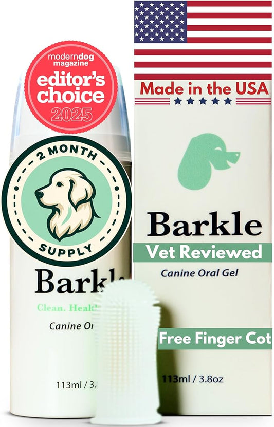 Barkle Vet Reviewed Dog Teeth Cleaning Gel Kit | Eliminate Plaque, Tartar & Bad Breath | Mint Dog Breath Freshener Gel | Puppy & Small Breed Safe | Free Finger Cot Brush (Tube is a 60 Day Supply)