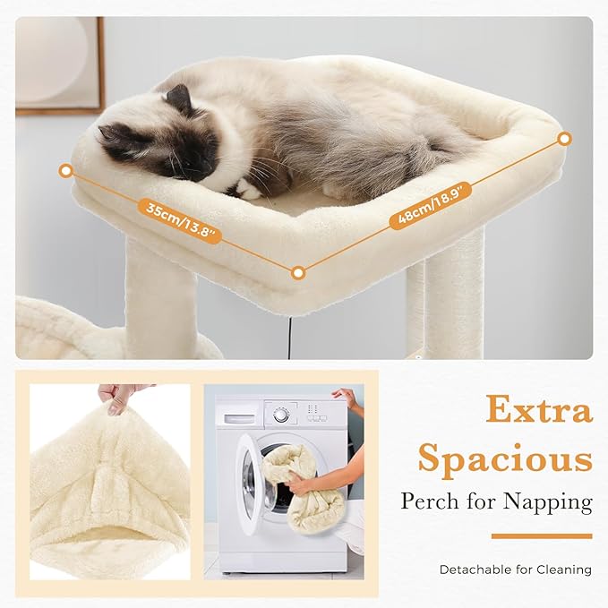 PAWZ Road Large Cat Tree, 51 Inches Wooden Cat Tower with Double Condos, Spacious Perch,Soft Hammock and Totally Wrapped Sisal Posts for Large Indoor Cats-Beige