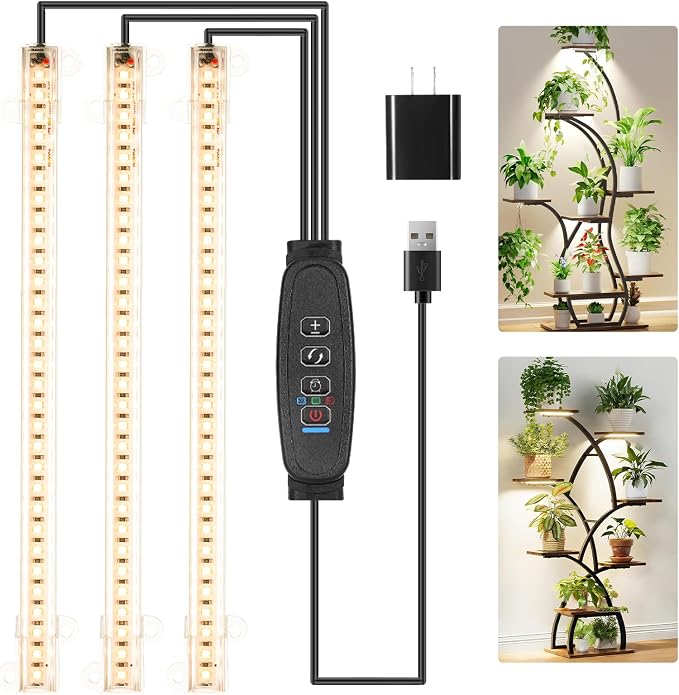 10.2'' 3 Head Grow Light Strips, LED Grow Lamps for Indoor Plants, Full Spectrum 3000K, Plant Light with 3/9/12H Timer, 10 Dimmable Levels for Seedling Succulent, Match for Plant Shelf