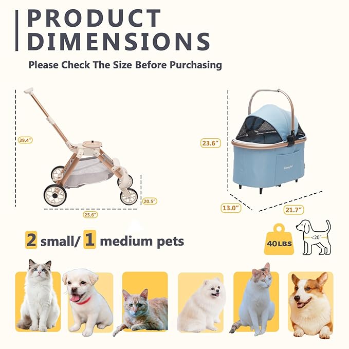 SUNNYFEEL Pet Stroller for Small Dogs and Cats, Aluminum Two-in-one Split, One-Click Foldable Dog Stroller with Detachable Carrier, Holds up to 40 lbs, Side Bag, Breathable Mesh, Blue