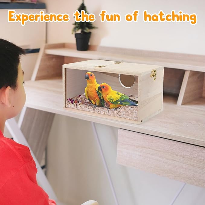 Rypet Parakeet Nesting Box Transparent Design, Thwartwise Bird Nest Breeding Box with Perch Wood Bird Cage House for Cockatiel Lovebirds Budgie Finch Parrotlets Canary M
