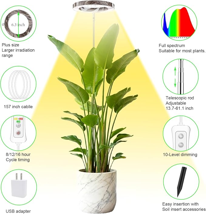 Plant Grow Light,LED Growing Light Full Spectrum for Indoor Plants,Aluminum Marble Grain Plant Lights,Height Adjustable, Automatic Timer, 5V Low Safe Voltage