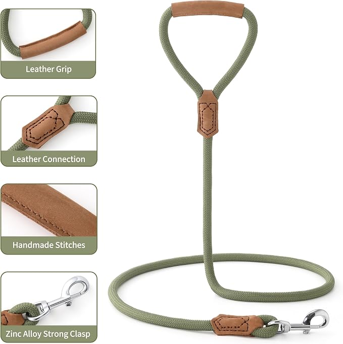 Mile High Life Leather Dog Leash, Heavy Duty Strong Genuine Leather Handle Rope Leash Soft and Comfortable for Small Medium Large Dogs (Olive Green, 72 Inch)
