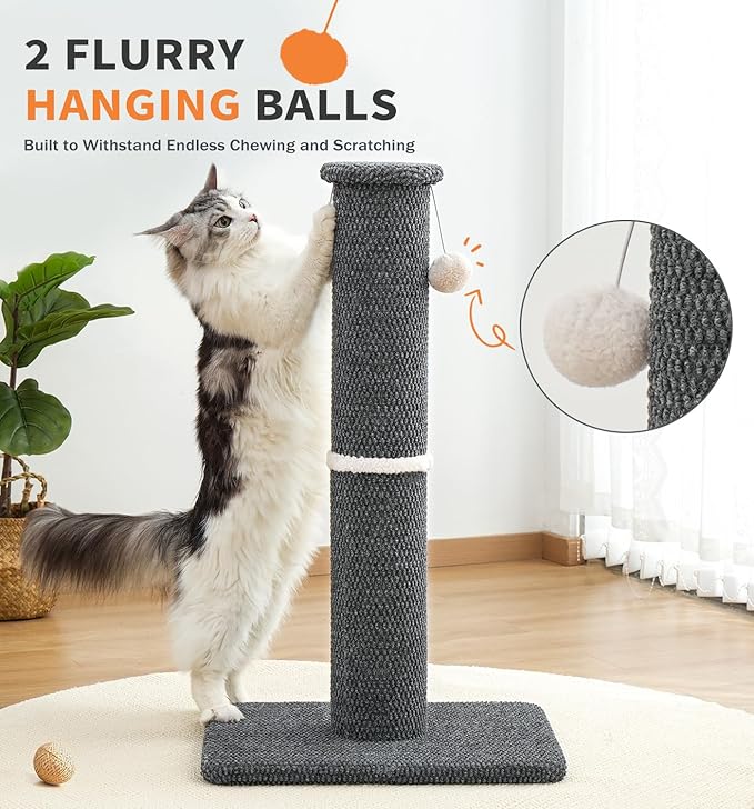 Made4Pets Tall Cat Scratching Post, 23.6" Modern Cat Scratcher with Hanging Balls, Heavy Duty and Thicker Scratching Post for Indoor Cats Adults, Sturdy Base Cat Scratch Post, Dark Grey