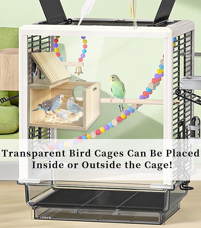 Natural Wood Bird Nesting Box,Acrylic Parakeet Nesting Box Transparent Cockatiel Nest House with Perch Wooden Parrot Nest for Lovebird Budgie Conure Canary Finch(Medium)