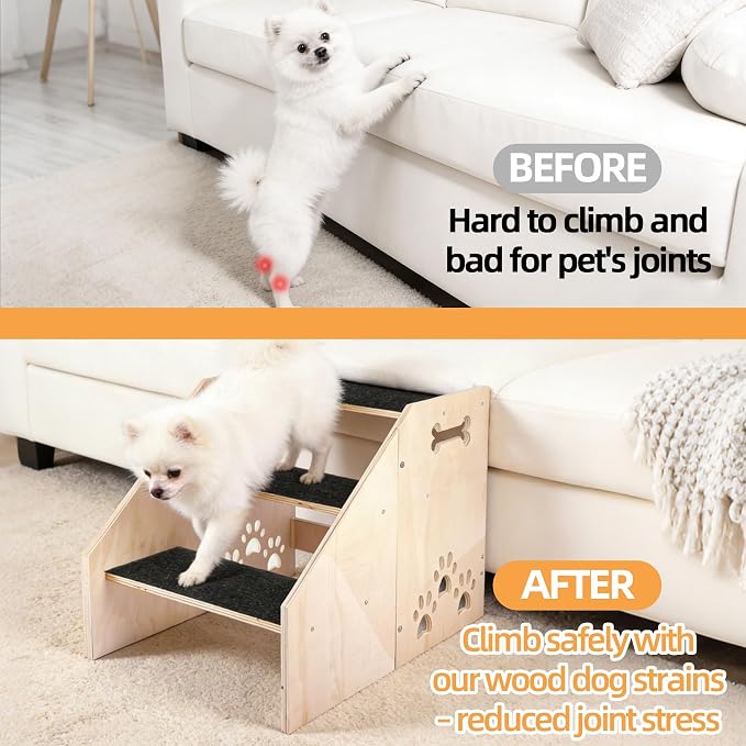 Dog Step, Wooden 3-Step Dog Stairs for High Beds & Couches, Non-Slip Pet Stair Ladder for Small Dogs, Puppies & Older Cats, 15.8 inch High