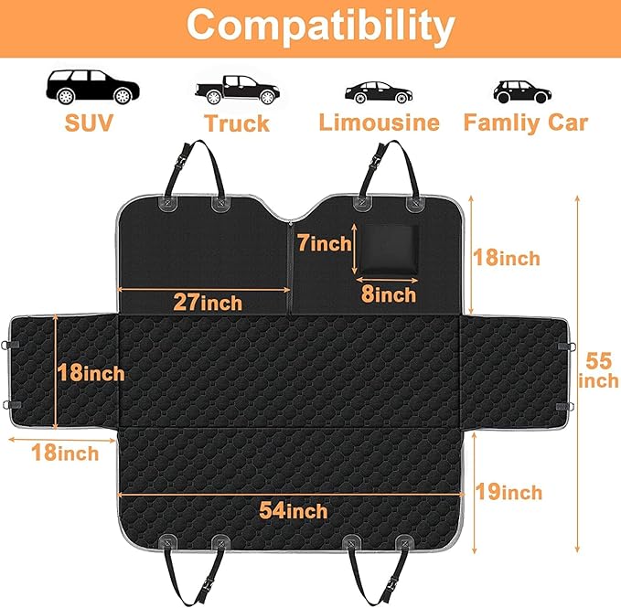 Mancro Dog Car Seat Cover, 2026 Upgraded 600D Heavy Duty Waterproof & Scratch-Resistant Dog Hammock for Car, Back Seat Pet Cover for Dogs with Sedan, Trucks and SUVs, Standard, Black-Orange