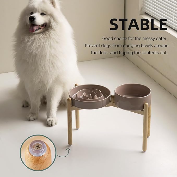 Havniva 3.2 Cup Ceramic Raised Slow Feeder Dog Bowl Set, Elevated 8.2inch Bowl and 9.5inch Puzzle Slow Food Dish with Wooden Stand for Large Dog, Anti-Gulping (2 x Brown Coffee+ Stand)