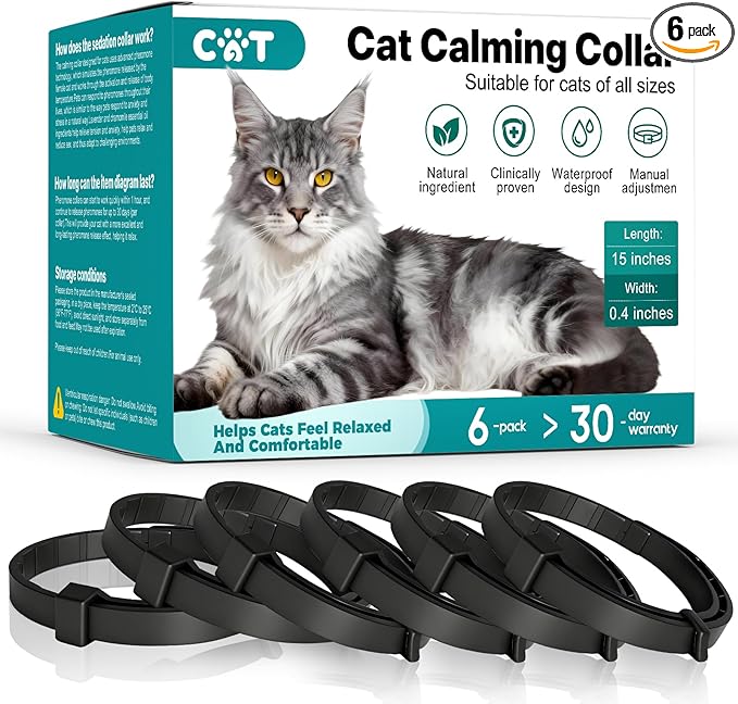 Calming Collar for Cats - 6Pack Calming Collar for Cats Adjustable Safe Waterproof Breakaway Design Helps Reduce Noise Fear