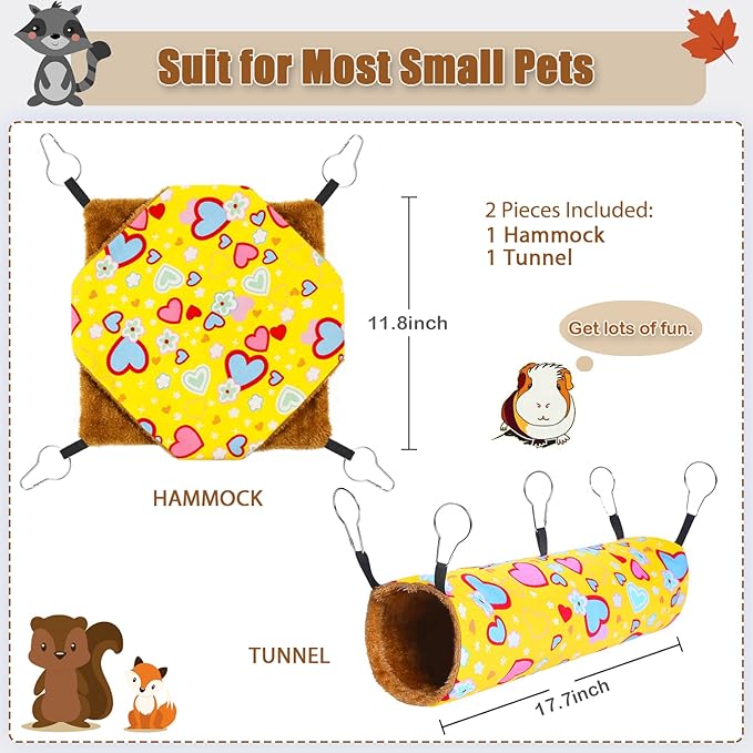 petonfun Ferret Rat Hammock Guinea Pig Hideout Toys Large Soft Small Animal Bed Sugar Glider Chinchilla Squirrel Hammock Set for Cage Accessories Pet House Hamster Hang Tunnel and Tube,2 Pack,Yellow