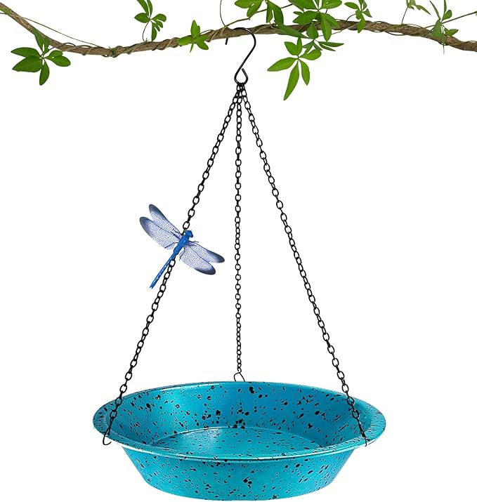 Hanging Birdbath Bird Feeder for Outdoor 11.4 inch Metal Bird Bath Bowl with Detachable Black Chain Hook Metal Dragonfly Birdbath for Garden Yard Patio Decor, Gift for Bird Lovers (Lake Blue)
