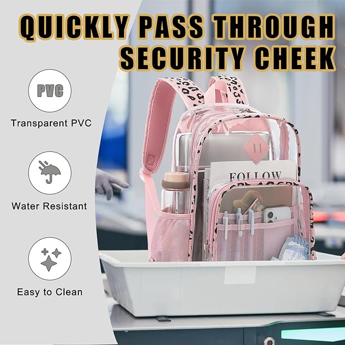 Clear Backpack for Girls Women School Bookbag Heavy Duty Transparent Backpacks (Pink Corduroy Leopard)