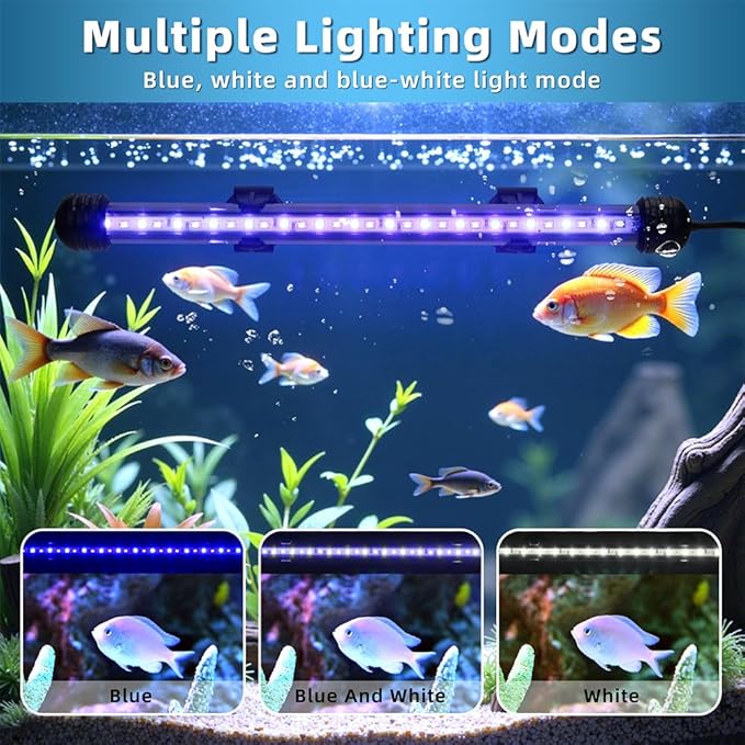 LED Submersible Aquarium Light 4W Underwater Fish Tank Light with Blue White&Blue and White Three Light Modes Timer Automatic On/Off and Dimmer Brightness Adjustable (7.5inch)