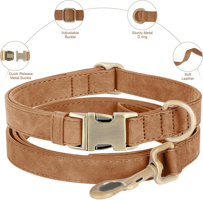 Genuine Leather Dog Collar - Adjustable Pet Collar with Quick Release Metal Buckle, Soft Skin Friendly Real Leather Collar for Small, Medium, Large Dogs (Brown, S：Fit 8-16" Neck)