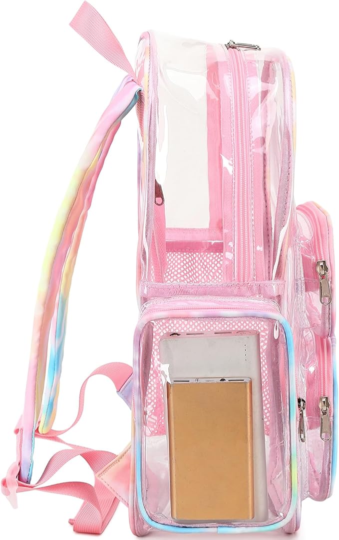 CAMTOP Clear Backpack Heavy Duty PVC Transparent Bag See Through BookBag for Student School Work Festival Sport Travel(Pink Yellow)