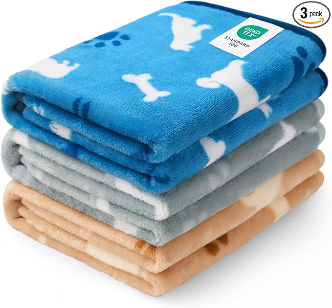 Luciphia 1 Pack 3 Dog Printed Fleece Pet Blankets Washable，Soft Warm Throw Covers for Crate Couch Bed，Cozy Puppy Essentials for Dogs and Cats， Blue/Grey/Khaki, Medium (30x20)