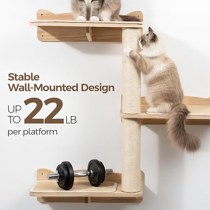 Cat Wall Shelves, 3-Tier Cat Shelves with Sisal Scratching Post, Sisal Mat Solid Pine Wood Wall Mounted Cat Climbing Furniture, Modular Design