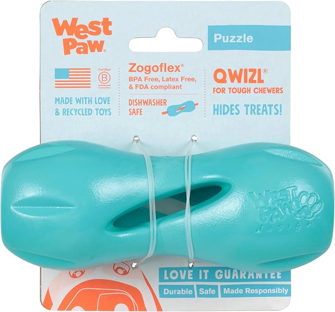 WEST PAW Qwizl Durable Zogoflex Dog Puzzle Toy for Mental Stimulation, and Enrichment - Treat Dispensing for Bully Sticks and Dental Sticks - Dishwasher Safe - Made in USA - Small - Teal
