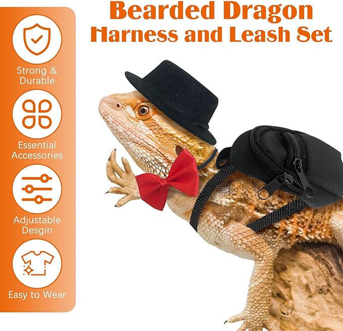 PINVNBY 5 Pack Bearded Dragon Leash and Harness Set Bearded Dragon Leash Backpack with Adjustable Hat & Bow Tie Mini Skateboard Toy Reptile Accessories for Lizard Reptile Outdoor Adventures